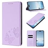 Ymyhyuxi Schutzhülle für Asus ROG Phone 9, Leder, mit Schmetterlings-Prägung, Magnetverschluss, RFID-blockierend, Kartenhalter, Lavendel