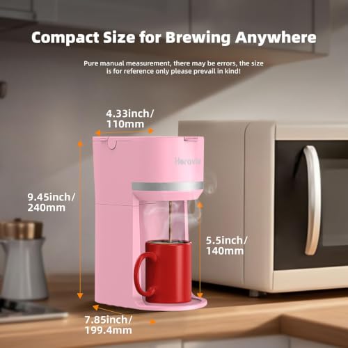 Image of Horavie Mini Single Serve Coffee Maker for K-Cup Pod and Grounds, Fast Brew One Cup Coffee Machine with Descaling Reminder and Water Window, 6 to 12 oz. Brew Sizes, Pink