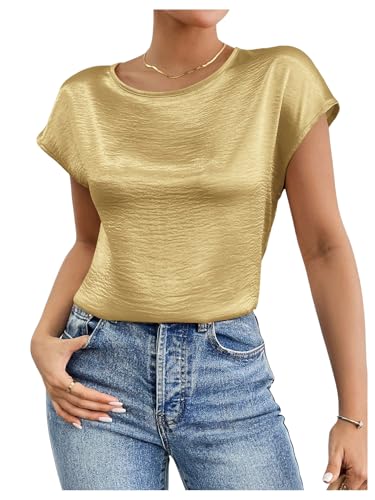 SweatyRocks Women's Crew Neck Satin Blouse Cap Short Sleeve Party Blouse Shirts Tops