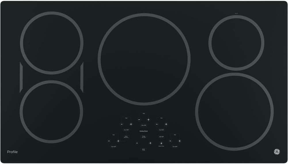 GE 36-Inch Cooktop with 5 Induction | Pan Size Sensors, SyncBurners, Red LED Display, Kitchen Timer, 3,700-Watt Element | ADA Compliant Fits Guarantee | PHP9036DJBB model - Image 1 of 3