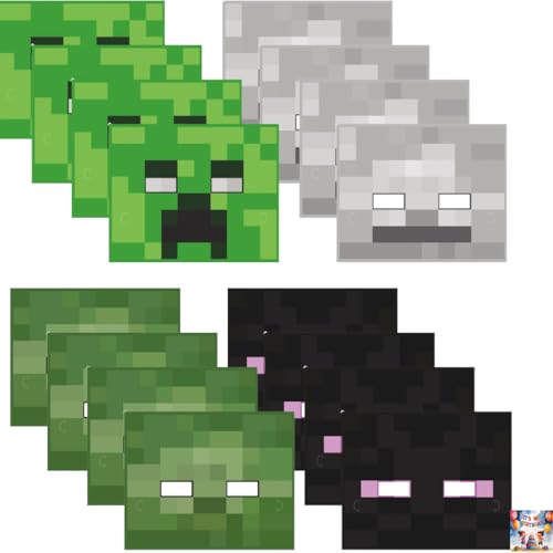 Unique Minecraft Party Masks, Creeper, Enderman, Zombie, Skeleton Characters, 16 Count Pack for Kids Birthday Celebrations and Gaming Party