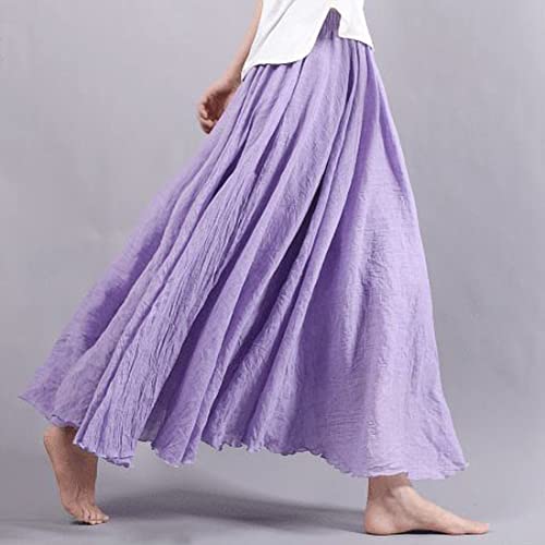 Women's Bohemian Style Elastic Waist Band Cotton Linen Long Maxi Skirt Dress (95CM, Violet) - Thumbnail 2