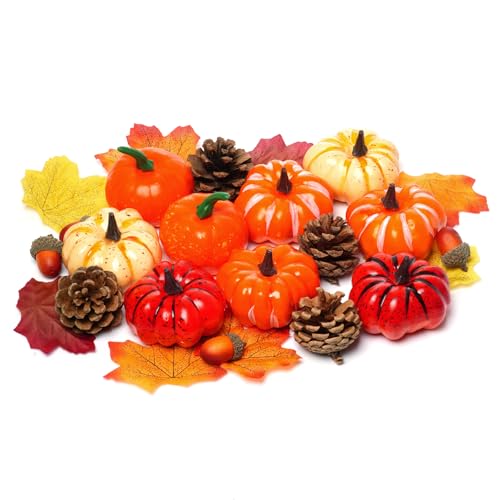 cnomg 25Pcs Fake Pumpkins Mini Artificial Pumpkin Set Fall Harvest Decoration Kit Fake...