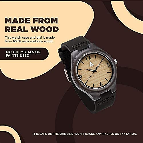 Treehut Mens Ebony Wooden Watch With Genuine Black Leather Strap Quartz Analo. #TOP1