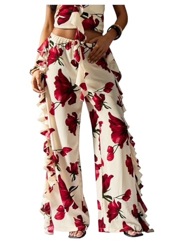 Women's Floral Palazzo Pants Boho Ruffle Elastic High Waist Wide Leg Baggy Trousers