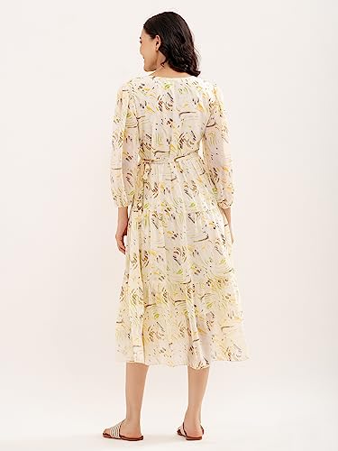 Image of AASK Abstract Printed Puff Sleeve Gathered Detailed Fit Flare Dress