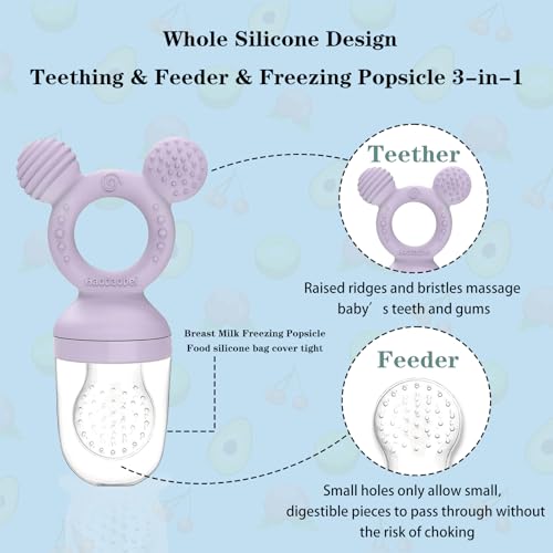 Image of Baby Fruit Feeder, Frozen Teething Toys for Babies, Teether Pacifier with 3 Extra Teats, Eating Essentials, BPA Free Baby Feeding Supplies (Lavender)