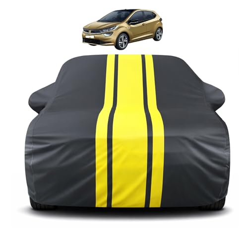 Image of Auto Hub Car Cover Compatible with Tata Altroz Back Antenna with Mirror Pocket, Soft Cotton Lining, Altroz Car Cover Waterproof - Yellow-Black