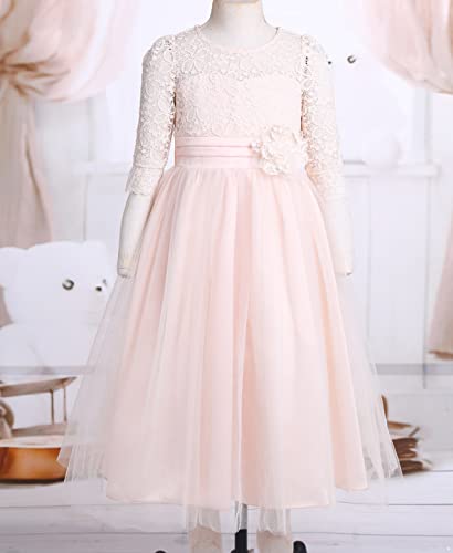 Hedmy Girls Vintage Floral Lace 3/4 Sleeves Floor Length Dress Wedding Party Evening Formal Pageant Dance Gown3