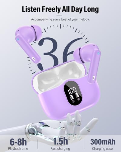 Wireless Earbuds, Bluetooth 5.4 Headphones Bass Stereo, Ear Buds with Noise Cancelling Mic, LED Display in Ear Earphones Clear Calls, IP7 Waterproof Bluetooth Earbuds for Laptop/Phones/Sports, Purple - 8
