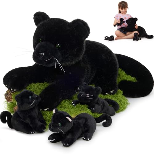MorisMos Black Plush Panther Stuffed Animal with Babies,18'' Big Mama and Baby Stuffed Panther Toys for Kids Girls Boys, 4 Packs Black Jaguar Animals,...