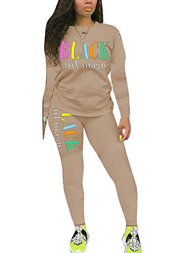 Uni Clau Women's Letter Two-Piece Outfit Tracksuit - Casual Long Sleeve Pullover Bodycon Jogger Pants Set Jumpsuit Rompers Apricot