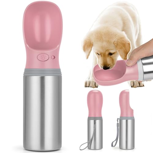Portable Dog Water Bottle 14 OZ Stainless Steel Leak Proof Puppy Water Dispenser with Drinking Feeder for Pets Travel Walking Hiking and Outdoor Activities