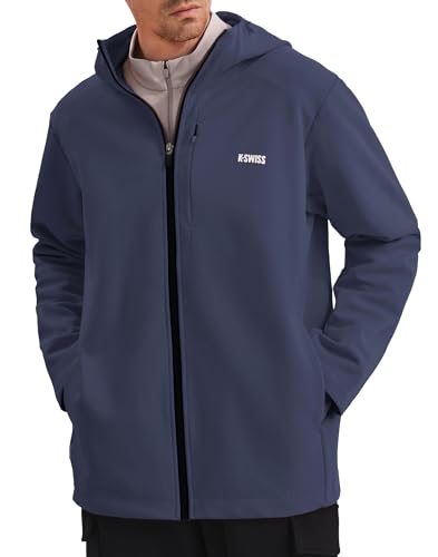 K-Swiss Mens Lightweight Softshell Jacket - Oversized Hooded Zip Up Coat with Front Zipper Pocket for Casual Outdoor Winter, GREY/PURPLE/BLUE M