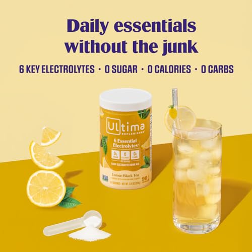 Image of Ultima Replenisher Daily Electrolyte Powder Drink Mix, 90-Serving Canister | Zero Sugar Lemon Black Tea Hydration Powder with 6 Electrolytes & Minerals - Sugar Free, Plant-Based & Keto Friendly
