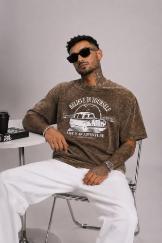Image of London Hills Men's Oversized t Shirt for Men Graphic T-Shirt | Acid Wash Printed Men T-Shirts | Tshirt for man Round Neck Half Sleeve Pure Cotton Casual Mens tees | Off Shoulder Tshirt Shirts man