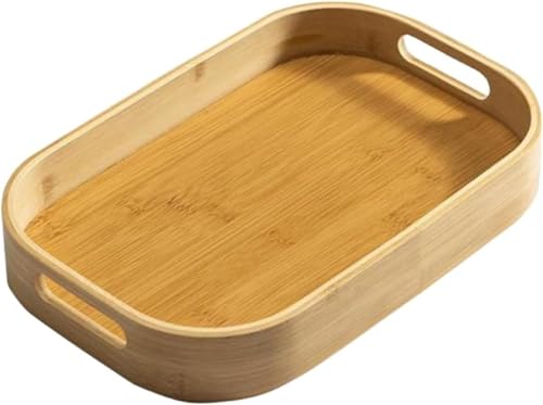 Rosoy 竹製 取っ手付 トレイ 洗える ランチトレー おしゃれ 軽量 耐久性木製 角型 お盆 円形 卓上用 和風 ティー カフェ ナチュラル 卓上用 和風 ティー カフェ ナチュラル 木製 業務用 (46*33*5)