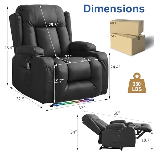 Image of URRED Recliner Chair with Massage and Heat, Power Reclining Sofa Chair Home Theater Seating with LED Ambient Light, USB Ports, Cup Holders, Side Pockets, Faux Leather, Black