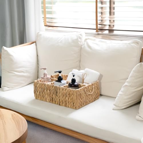 Image of KOKODO Divided Storage Basket Woven Natural Basket Hyacinth for Organizing Bathroom Kitchen Shelves Office Supplies Organization Everyday Wicker Storage Baskets 4 Section Rectangular Tray
