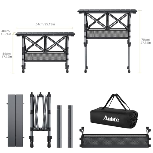 Anbte Folding Camping Table, Aluminum Roll Up Camping Table Adjustable Height with Storage Net and Bag, Lightweight Outdoor Table 25” X 16”, for Outdoor Travel BBQ Party Picnic, Black by Anbte - Image 3
