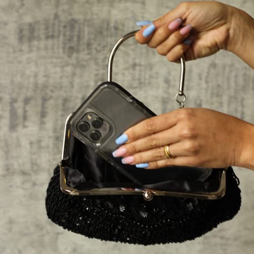 Bolsa Clutch Bordada a Mão Pedrarias Miçangas Preta Luxo e Elegancia Moda Feminina Artesanal Festa