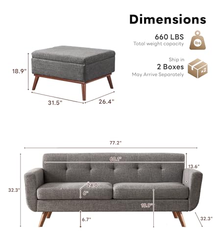 Tbfit Mid Century Modern Sofa Couch, Gray, Standard Sofa & Ottoman