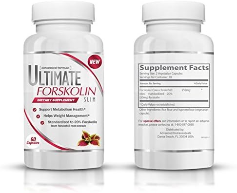 Ultimate Forskolin Slim - Natural Weight Loss Supplement & Appetite Suppressant - Promotes Natural Weight Loss - Fat Blocker - Curbs Cravings - 250mg Standardized 20% Forskolin (60 Capsules)