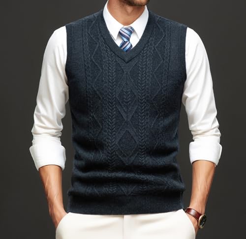 Men's 100% Wool V Neck Sweater Vest Cable Knitted Pullover Sweaters Vest2