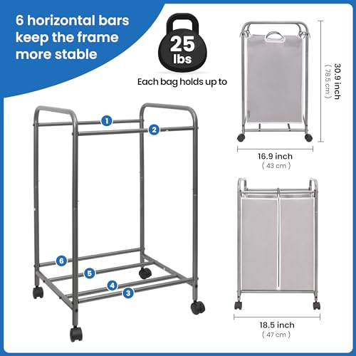 Image of STORAGE MANIAC Laundry Sorter 2 Section, 90 L Gal Laundry Hamper with Wheels, Clothes Basket Separator Sorter, 2 Bag Rolling Cart and Removable Bags for Closet, Dorm, Collage, Grey