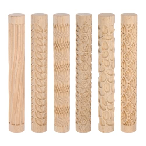 HARFINGTON 6pcs Wood Clay Roller Pattern Modeling 5.9 Inch Beech Wood Hand Rollers Wooden Pottery Tools Wood Grain Texture Rollers for Clay Baking Playdough DIY
