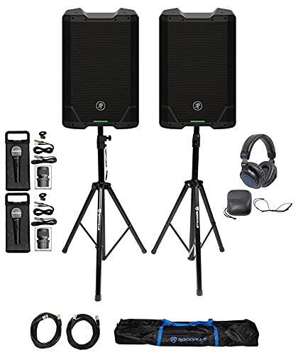 Audiosavings Bundle: Rockville DJ1500 Headphones Bundle with (2) Rockville RMC-XLR Wired Microphone & (1) Pair of Rockville Adjustable Tripod Speaker & (2) Mackie SRT210 Active DJ Speaker (7 Items)