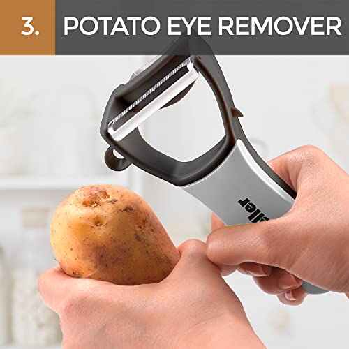 Mueller 4 In 1 Swift Julienne Vegetable Peeler - Citrus Fruit Peeler For Orange Lemon Cocktails - Carrot And Potato Peeler With Rotating Serrated Straight And Julienne Stainless Steel Slicer Blades #TOP4