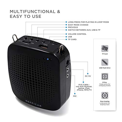 Image of Nefficar Portable LoudSpeaker Voice Amplifier with Microphone for Teachers, Instructors, Emcees, Tour Guides and Trainers - Upgraded Waist Clip (Wired)