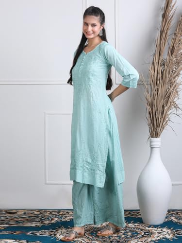 Image of Women's Lucknowi Chikankari Handwork Cotton Kurti, Palazzo and Dupatta Set