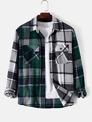 Image of ZAFUL Unisex Plaid Flannel Shirt Jacket Button Down Long Sleeve Pocket Coat Outwear | Mens Fall Clothes Lightweight Long Sleeve Button Down Flap Pocket Jacket Tops for Fall&Winter 2026