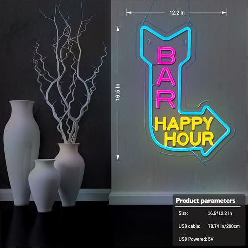 Image of Bar Happy Hour Neon Sign for Wall Decor, Bar Open LED Neon Signs Lights for Cafe Business Walls Window Shop Hotel,Restaurant Retail Store Party Pub Decoration and Shop Decoration Gift
