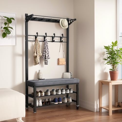 Porte-manteau avec banc et armoire à chaussures en métal noir pour entrée