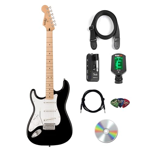 Image of Fender Squier Sonic Stratocaster Left-Handed - Black Bundle with Mustang Micro Headphone Amp, Cable, Tuner, Strap, Picks, and Austin Bazaar Instructional DVD