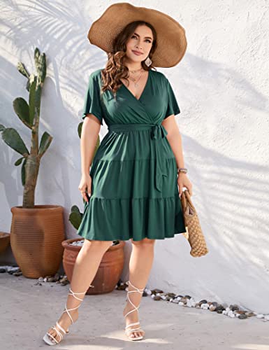 KOJOOIN Women Plus Size V Neck Wrap Dress High Waisted Short Sleeves Summer Casual Midi Dress with Belt2