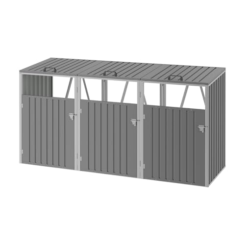 The Fellie Triple Wheelie Bin Storage 3x240L Bin Storage for Wheelie Bins Galvanized Steel Outdoor Garden Trash Can with Locking Door Wheelied Bins Hideaways with Lids Grey