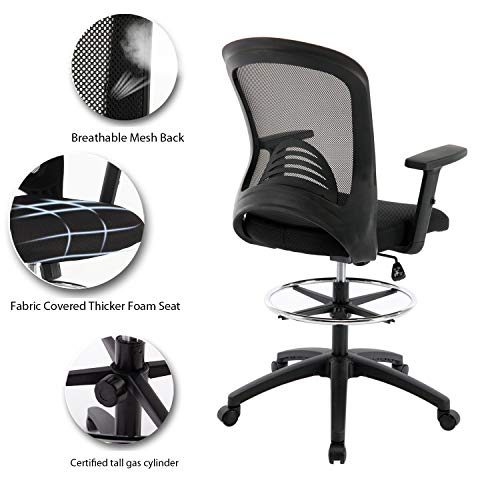 Ergonomic Mesh Office Drafting Chair - Adjustable Height With Arms, Tall Office Computer Reception Desk Chair Black #TOP3