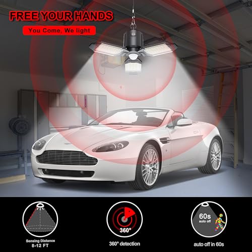 Image of Plug in Led Garage Light Motion Sensor 80W 8000LM 1Pack | Motion Sensor Lights Indoor, Motion Activated, Dusk to Dawn, 3 Deformable Hanging Shop Bulb for Basement, Warehouse, Barn