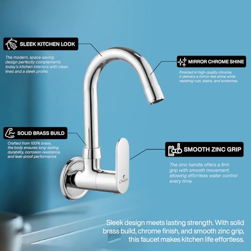 Image of Brass Sink Cock for Kitchen, 360 Degree Swivel Spout Single Lever Wall Mount Kitchen Tap with Foam Flow Aerator, Heavy Duty Chrome Finish Sink Faucet (Opal)