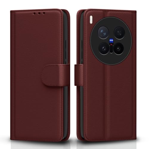 Image of Amazon Basics Flip Cover for Vivo X300 Pro 5G Leather Finish | Wallet Stand and Shock Proof | Inside TPU with Card Pockets | Complete Protection Flip Case (Brown)
