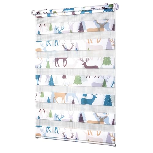 Deswell Doppelrollo Klemmfix ohne Bohren Weiß-Elch B40 x H120 cm(Stoffbreite 36cm) Doppelrollo mit Muster, Duo Rollos für Fenster ohne Bohren Rollos mit Motiv, Seitenzugrollo Lichtdurchlässig