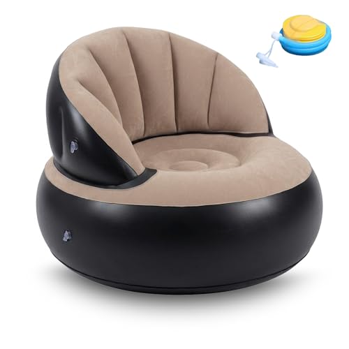 BOFITENG Sillón hinchable con superficie flocada, sofá hinchable, sofá de aire redondo, incluye bomba de pie, sofá de aire impermeable para salón, sofá, hinchable, exterior, camping (caqui)