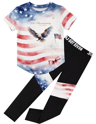 Image of Girls 2 Piece Outfits Kids Clothes Pants Sets Print Short Sleeve Top Leggings Spring Summer Tracksuit 4-13Y