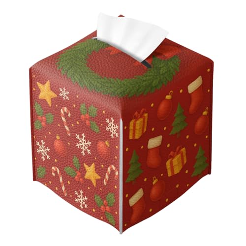 Christmas Tissue Box Cover Funny Cartoon Cute Red Xmas Holly Leather Tissue Box Holder Square Facial Paper Organizer Dispenser for Car Bathroom Bedroom Office Tabletop Decor