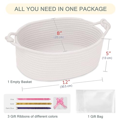 Image of COMSE Small Gift Basket Empty with Bag & Ribbons, Solid White
