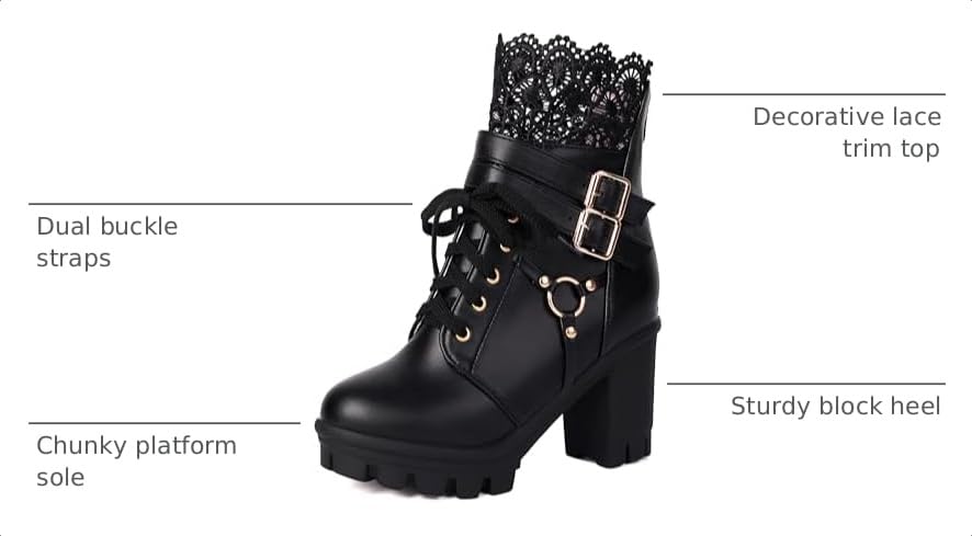 Image of BEAUPAS Women's Gothic Lace Up Platform Ankle Boots Buckles | Buckle Strap, Chunky High Heel, Lace Cuff Top, Platform Combat Boots, Women's Footwear